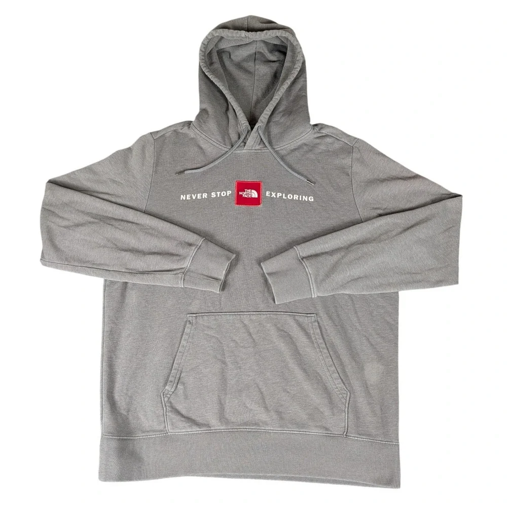 The North Face Mens Grey Never Stop Exploring Red‎ Box Logo Pullover Hoodie L